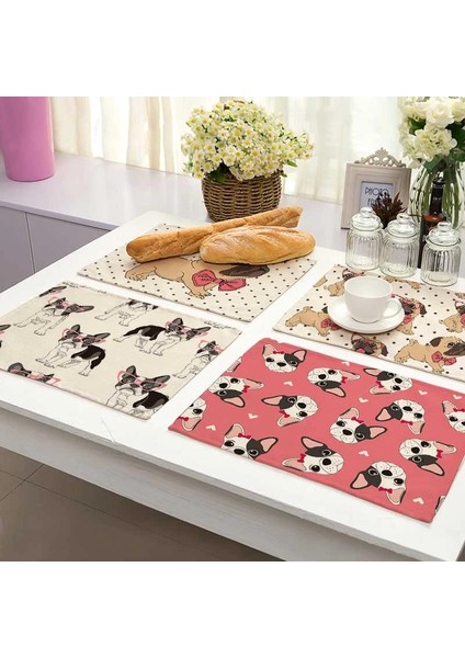 2CD-ML0020-5 Pug Köpek Desen Pamuk Keten Ped Yemek Masası Paspaslar Coaster Kase Fincan Mat Desen Mutfak Placemat 42*32 cm Ev Dekor ML0020 (Yurt Dışından)
