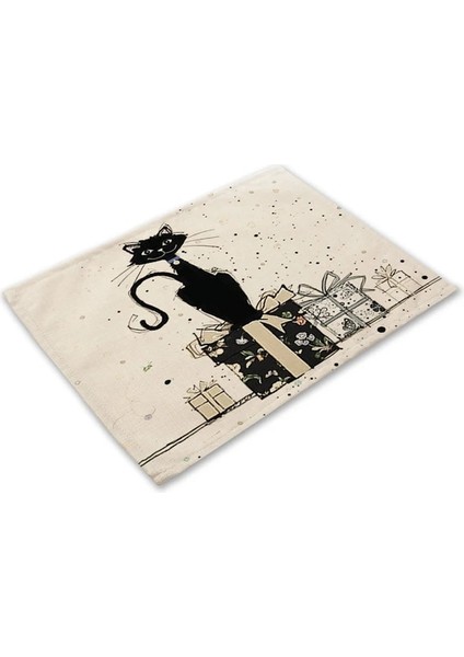2CD-MA0125-10 Bkack Kedi Desen Pamuk Keten Ped Yemek Masası Paspaslar Coaster Kase Fincan Mat Desen Mutfak Placemat 42*32 cm Ev Dekor MA0125 (Yurt Dışından)
