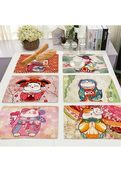 LE245 Japon Şanslı Kedi Placemat Manekineko Mutfak Dekoru Keten Yemek Masası Paspaslar Coaster Pad Kase Kahve Fincanı Mat Masa Örtüsü 42X32CM (Yurt Dışından) fiyatları