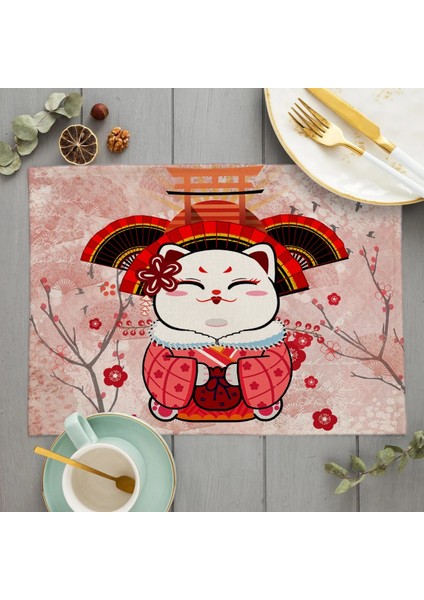 LE245 Japon Şanslı Kedi Placemat Manekineko Mutfak Dekoru Keten Yemek Masası Paspaslar Coaster Pad Kase Kahve Fincanı Mat Masa Örtüsü 42X32CM (Yurt Dışından) modelleri