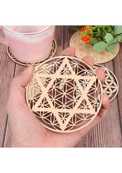 Stil 4-14 cm Yeni Çakra Yaşam Çiçeği Doğal Sembol Ahşap Yuvarlak Kenar Daireler Oyma Coaster Taş Kristal Seti Ev Mutfak Dıy Dekor (Yurt Dışından)