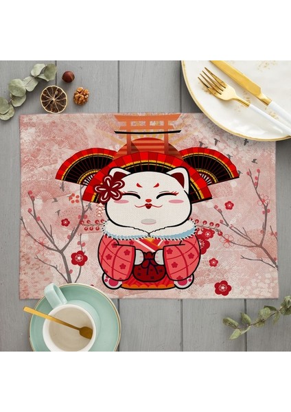 LE242 Japon Şanslı Kedi Placemat Manekineko Mutfak Dekoru Keten Yemek Masası Paspaslar Coaster Pad Kase Kahve Fincanı Mat Masa Örtüsü 42X32CM (Yurt Dışından)