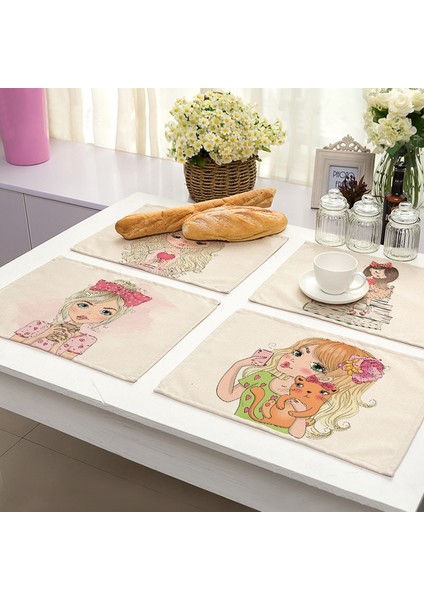 PM0044-1 1 Adet Sevimli Kız Pamuk Keten Ped Desen Mutfak Placemat Kawaii Coaster Kase Fincan Mat Yemek Masası Paspaslar 42*32 cm Ev Dekor PM0044 (Yurt Dışından)