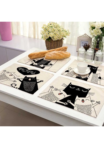2CD-ML0016-11 1 Adet Bkack Kedi Desen Pamuk Keten Ped Yemek Masası Paspaslar Coaster Kase Fincan Mat Desen Mutfak Placemat Ev Dekor ML0016 (Yurt Dışından)