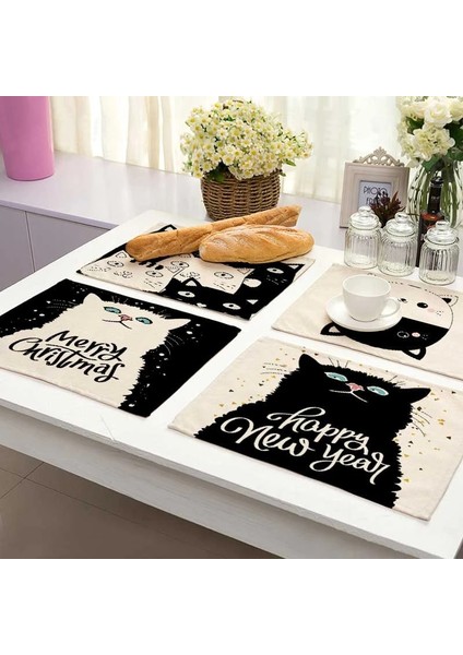 2CD-ML0016-11 1 Adet Bkack Kedi Desen Pamuk Keten Ped Yemek Masası Paspaslar Coaster Kase Fincan Mat Desen Mutfak Placemat Ev Dekor ML0016 (Yurt Dışından)