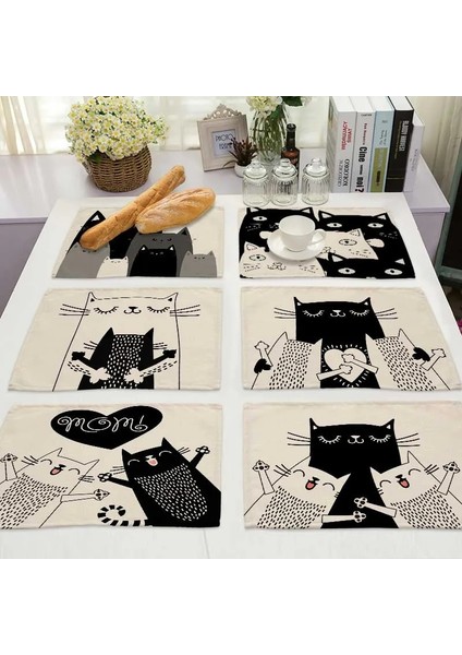 2CD-ML0016-11 1 Adet Bkack Kedi Desen Pamuk Keten Ped Yemek Masası Paspaslar Coaster Kase Fincan Mat Desen Mutfak Placemat Ev Dekor ML0016 (Yurt Dışından)