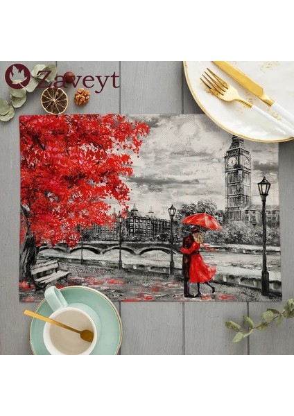LE401 42X32 cm Fransız Sokak Sahne Çiçek Yağlıboya Placemat Keten Yemek Masası Paspaslar Coaster Pad Kase Kahve Fincanı Mat Masa Örtüsü 42X32 cm (Yurt Dışından)