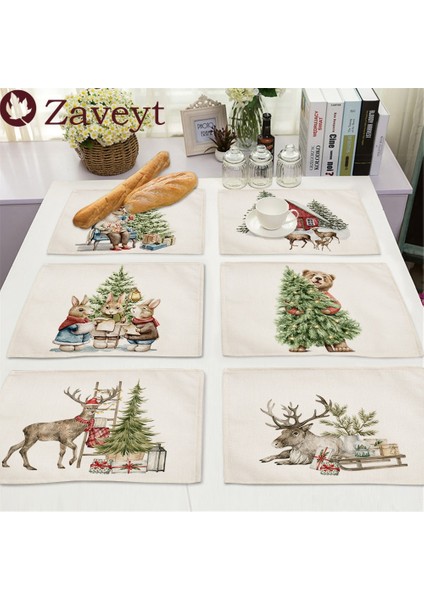LE459 42X32 cm 2023 Noel Ağacı Sevimli Hayvan Süslemeleri Placemat Keten Yemek Masası Paspaslar Coaster Pad Kase Kahve Fincanı Mat Masa Örtüsü 42X32 cm (Yurt Dışından)