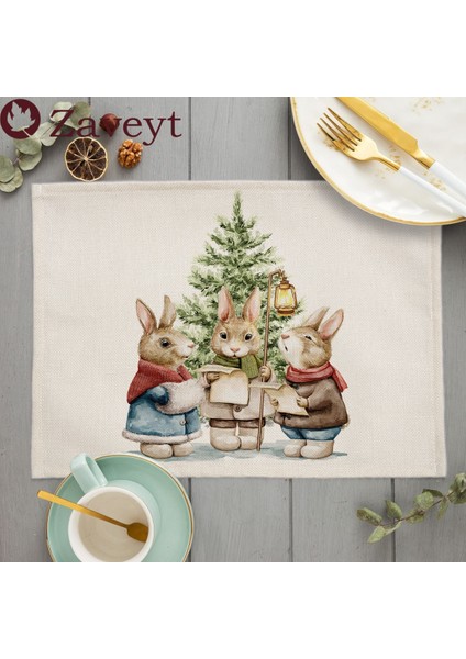 LE459 42X32 cm 2023 Noel Ağacı Sevimli Hayvan Süslemeleri Placemat Keten Yemek Masası Paspaslar Coaster Pad Kase Kahve Fincanı Mat Masa Örtüsü 42X32 cm (Yurt Dışından)