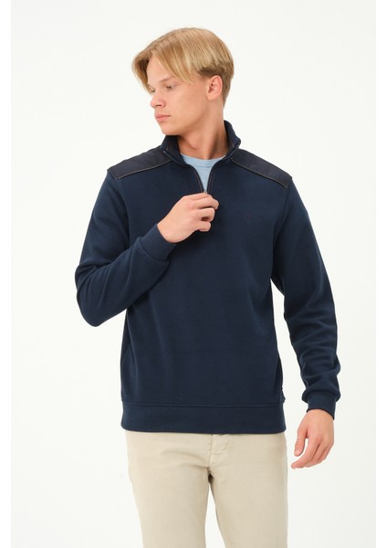 Fermuarlı Regular Fit Deri Detaylı Uzun Kollu Erkek Selanik Indigo Sweatshirt