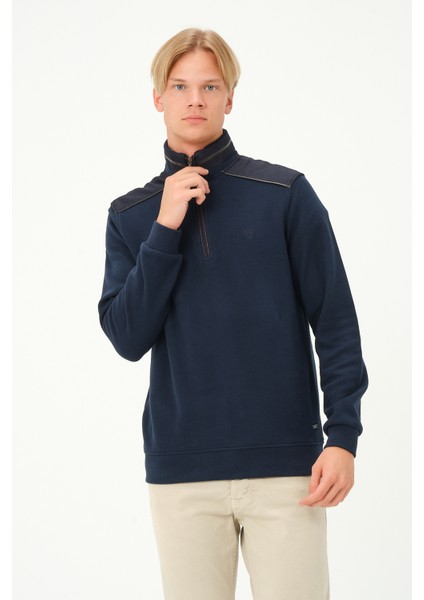 Fermuarlı Regular Fit Deri Detaylı Uzun Kollu Erkek Selanik Indigo Sweatshirt