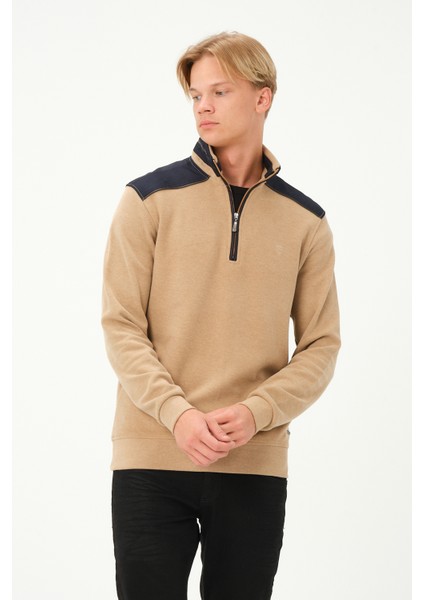 Fermuarlı Regular Fit Deri Detaylı Uzun Kollu Erkek Selanik Bej Sweatshirt modelleri