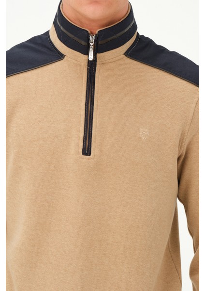 Fermuarlı Regular Fit Deri Detaylı Uzun Kollu Erkek Selanik Bej Sweatshirt fırsatları