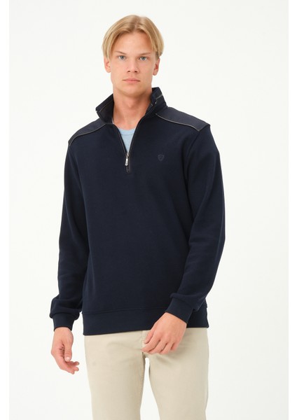 Fermuarlı Regular Fit Deri Detaylı Uzun Kollu Erkek Selanik Lacivert Sweatshirt fiyatları