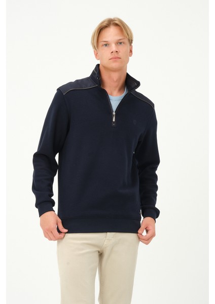 Fermuarlı Regular Fit Deri Detaylı Uzun Kollu Erkek Selanik Lacivert Sweatshirt modelleri