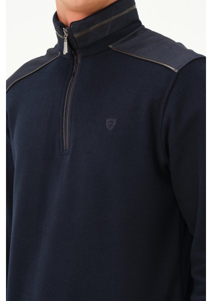 Fermuarlı Regular Fit Deri Detaylı Uzun Kollu Erkek Selanik Lacivert Sweatshirt fırsatları