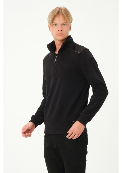 Fermuarlı Regular Fit Deri Detaylı Uzun Kollu Erkek Selanik Siyah Sweatshirt fiyatları