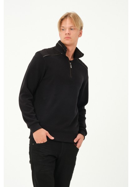 Fermuarlı Regular Fit Deri Detaylı Uzun Kollu Erkek Selanik Siyah Sweatshirt modelleri