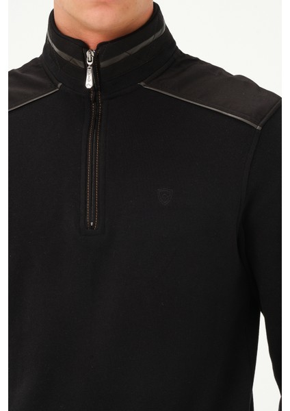Fermuarlı Regular Fit Deri Detaylı Uzun Kollu Erkek Selanik Siyah Sweatshirt fırsatları