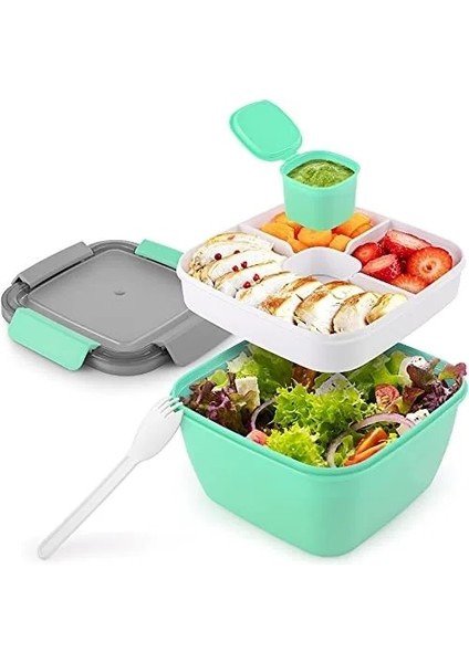 Nane Yeşili 1500 ml 52 Oz Bento Öğle Yemeği Kutusu Salata Kabı Öğle Yemeği Için Bpa Ücretsiz Sızdırmaz Salata Sosu Kabı Akıllı Kilit ile Yeniden Kullanılabilir Spork (Yurt Dışından)