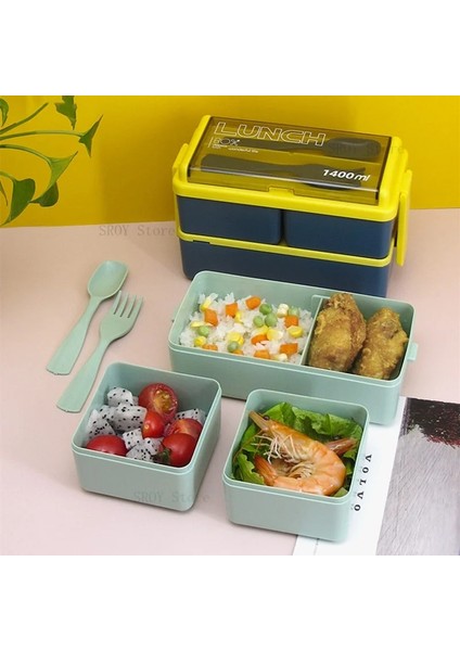 1400 ml Mavi Çift Katmanlı Öğle Yemeği Kutusu Çocuklar Için Çatal ve Kaşık ile Taşınabilir Mikrodalga Bento Kutuları Yemek Takımı Seti Gıda Saklama Kabı (Yurt Dışından)