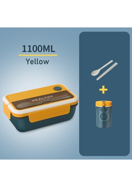 Sarı Set Bir Öğle Yemeği Kutusu Konteyneri Bento Paketlenmiş Gıda Yemek Hazırlama Tupper Çalışmak Için Hermetik Tencere Plastik Kaleci Depolama Kapaklı Çatal Kaşık (Yurt Dışından)