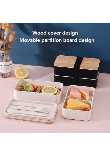 Siyah Ikinci Kat Çift Katmanlı Japon Tarzı Bento Kutusu Bambu Ahşap Kapak Buğday Samanı Öğle Yemeği Kutusu Ofis Çalışanı Bento Bıçaklı Kutu Çatal ve Kaşık (Yurt Dışından)