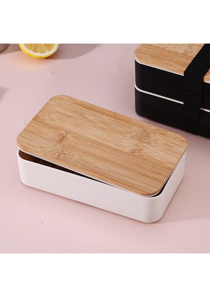 Siyah Ikinci Kat Çift Katmanlı Japon Tarzı Bento Kutusu Bambu Ahşap Kapak Buğday Samanı Öğle Yemeği Kutusu Ofis Çalışanı Bento Bıçaklı Kutu Çatal ve Kaşık (Yurt Dışından)