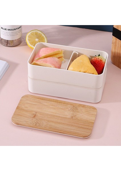 Siyah Ikinci Kat Çift Katmanlı Japon Tarzı Bento Kutusu Bambu Ahşap Kapak Buğday Samanı Öğle Yemeği Kutusu Ofis Çalışanı Bento Bıçaklı Kutu Çatal ve Kaşık (Yurt Dışından)