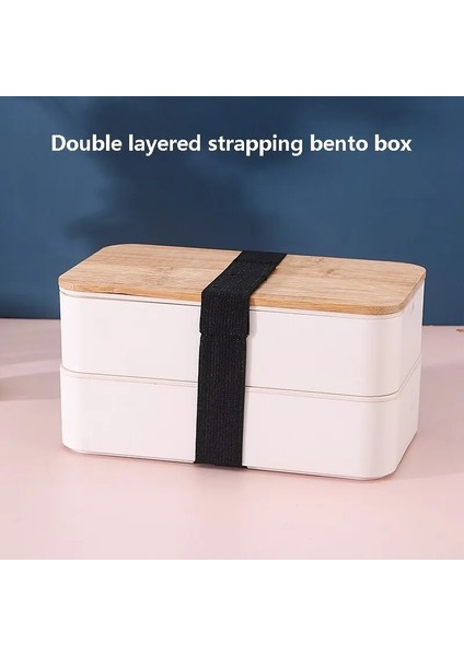 Siyah Ikinci Kat Çift Katmanlı Japon Tarzı Bento Kutusu Bambu Ahşap Kapak Buğday Samanı Öğle Yemeği Kutusu Ofis Çalışanı Bento Bıçaklı Kutu Çatal ve Kaşık (Yurt Dışından)