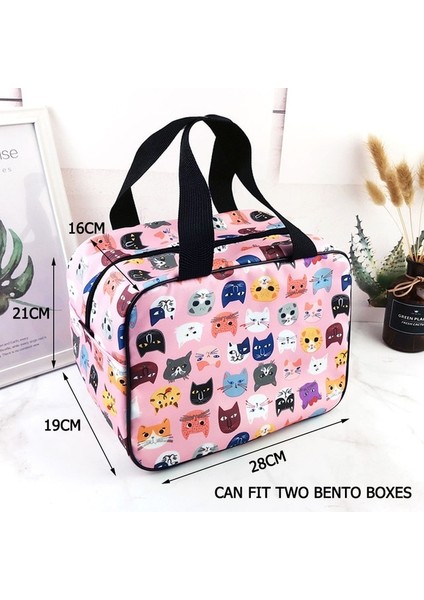 Pembe Kedi 2 Taşınabilir Öğle Yemeği Kutusu Öğrenci Seyahat Mikrodalga Isıtma Gıda Kabı Plastik Bento Kutusu Öğle Yemeği Çantası Kadınlar Çocuklar Için Soğutucu Termal Çanta (Yurt Dışından)