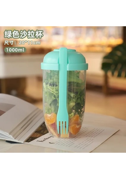 Yeşil 3ın1 Taşınabilir Salata Bardağı Kahvaltı Salata Kasesi Çatal Okul Öğle Yemeği Kutusu Gıda Saklama Bento Kutusu Yoğurt Yulaf Ezmesi Tahıl Süt Fincan Spor (Yurt Dışından)