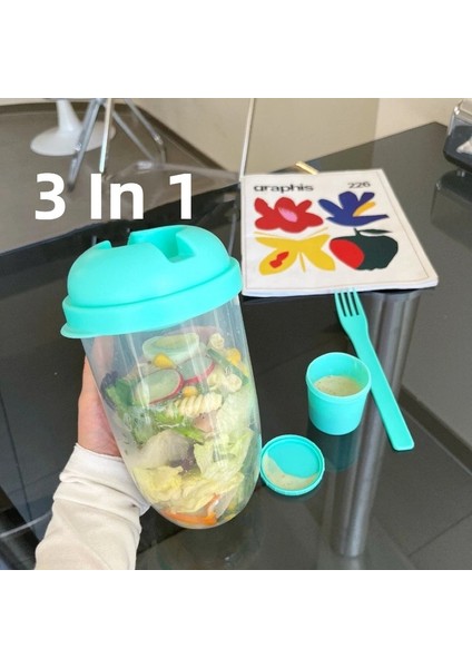Yeşil 3ın1 Taşınabilir Salata Bardağı Kahvaltı Salata Kasesi Çatal Okul Öğle Yemeği Kutusu Gıda Saklama Bento Kutusu Yoğurt Yulaf Ezmesi Tahıl Süt Fincan Spor (Yurt Dışından)