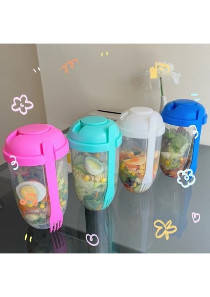 Yeşil 3ın1 Taşınabilir Salata Bardağı Kahvaltı Salata Kasesi Çatal Okul Öğle Yemeği Kutusu Gıda Saklama Bento Kutusu Yoğurt Yulaf Ezmesi Tahıl Süt Fincan Spor (Yurt Dışından)