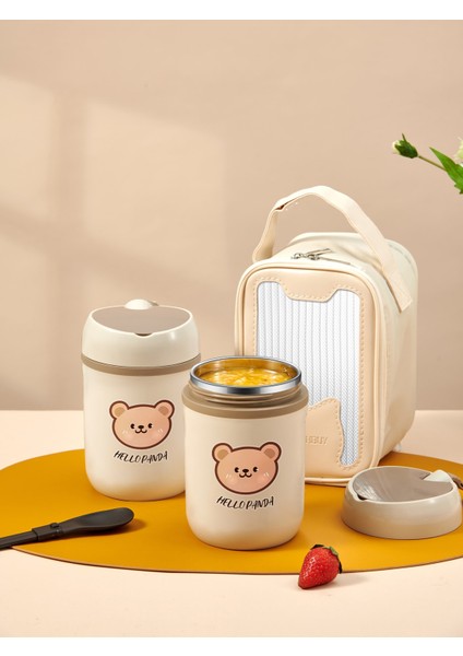 Bej 480 ml 18/8 Paslanmaz Çelik Yemek Kabı Kaşıklı Termal Gıda Kabı Vakum Bardak Yalıtımlı Bento Kutusu Termos Çorba Bardağı Çocuklar Için Okul (Yurt Dışından)