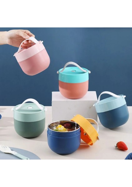 BLUE-304STAINLESS Taşınabilir Çorba Bardağı Öğle Yemeği Kutusu Paslanmaz Çelik / Plastik Termos Kupa Gıda Konteyneri Çocuklar Için Kaşıklı Termal Bardak Vakum Bento Kutusu (Yurt Dışından)