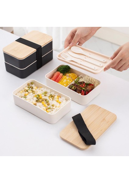 Bej 1200 ml Askılı Bento Kutuları Çift Katmanlı Bento Kılıfları Dahili Sofra Takımı Japon Tarzı Sızdırmaz Öğle Yemeği Kutuları Öğle Yemeği Kapları (Yurt Dışından)