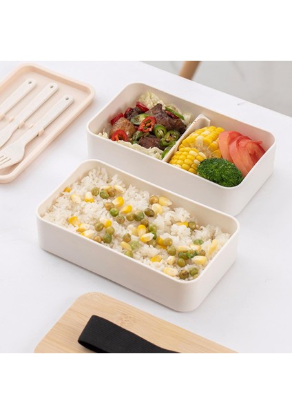 Bej 1200 ml Askılı Bento Kutuları Çift Katmanlı Bento Kılıfları Dahili Sofra Takımı Japon Tarzı Sızdırmaz Öğle Yemeği Kutuları Öğle Yemeği Kapları (Yurt Dışından)