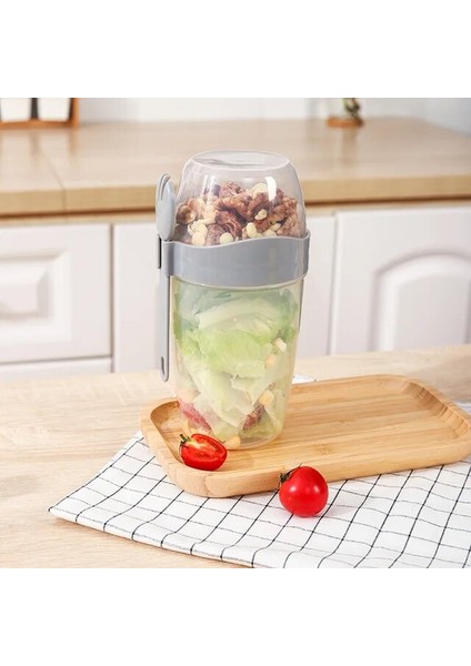 Gri 1070 ml 1l Taşınabilir Kahvaltı Yulaf Ezmesi Tahıl Fındık Yoğurt Salata Bardağı Konteyner Çatal Sos Bardak Kapaklı Bento Yiyecek Kasesi Mutfak Öğle Yemeği Kutusu (Yurt Dışından)