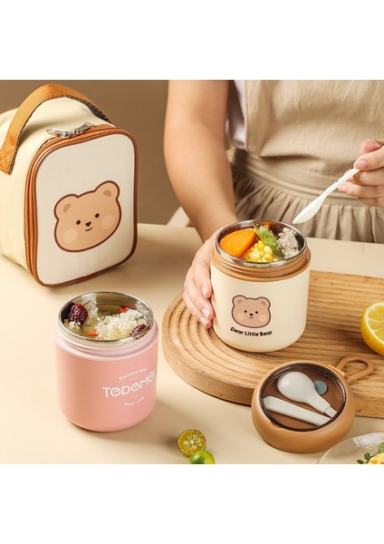 Yeşil Çantalı Kawaii Ayı Öğle Yemeği Kutusu 304 Paslanmaz Çelik Vakum Termal Bento Kutusukahvaltı Çorba Bardağı Yalıtımlı Öğle Yemeği Çantası Gıda Isıtıcı Kaplar (Yurt Dışından)