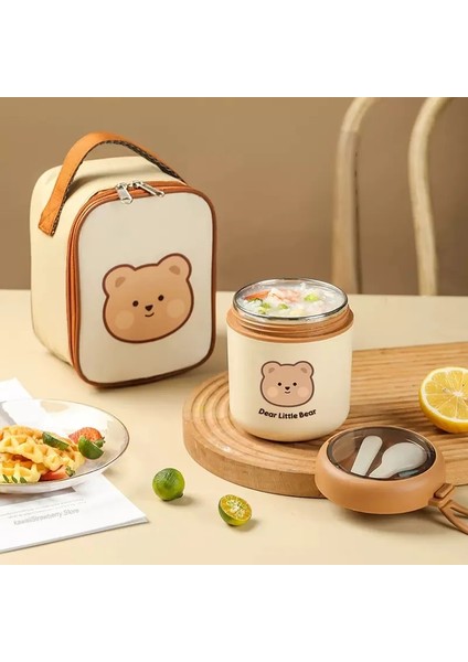 Yeşil Çantalı Kawaii Ayı Öğle Yemeği Kutusu 304 Paslanmaz Çelik Vakum Termal Bento Kutusukahvaltı Çorba Bardağı Yalıtımlı Öğle Yemeği Çantası Gıda Isıtıcı Kaplar (Yurt Dışından)