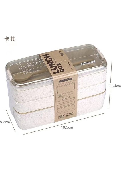 Bej 3 Kare Üç Katmanlı Buğday Samanı Fiber Plastik Bento Kutusu Öğrenci Yetişkin Yemek Kabı Çatal Bıçak Takımı ile (Yurt Dışından)