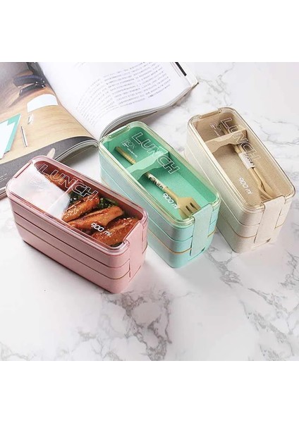 Bej 3 Kare Üç Katmanlı Buğday Samanı Fiber Plastik Bento Kutusu Öğrenci Yetişkin Yemek Kabı Çatal Bıçak Takımı ile (Yurt Dışından) fiyatları