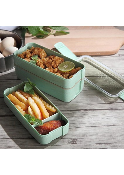 Bej 3 Kare Üç Katmanlı Buğday Samanı Fiber Plastik Bento Kutusu Öğrenci Yetişkin Yemek Kabı Çatal Bıçak Takımı ile (Yurt Dışından) fırsatları