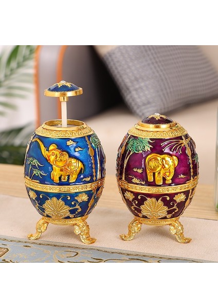 Mor Otomatik Kürdan Kutusu Alaşım Mavi Vintage Fil Organizatör Tutucu Kürdan Dağıtıcı Kutusu Yumurta Şekli Ev Masaüstü Dekorasyon (Yurt Dışından)