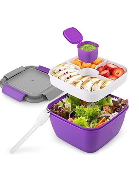 Mor 1500 ml 52 Oz Bento Öğle Yemeği Kutusu Salata Kabı Öğle Yemeği Için Bpa Ücretsiz Sızdırmaz Salata Sosu Kabı Akıllı Kilit ile Yeniden Kullanılabilir Spork (Yurt Dışından)