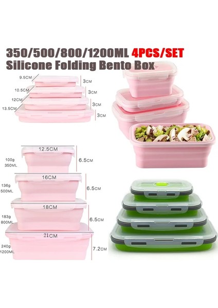 01YEŞIL Siyah 4 Adet/takım Silikon Dikdörtgen Yemek Kabı Katlanabilir Bento Kutusu Katlanır Gıda Kabı Kase 300/500/800/1200 ml Yemek Takımı (Yurt Dışından) fiyatları