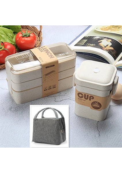 Bej Çantalı Set 900 ml Sağlıklı Malzeme Öğle Yemeği Kutusu 3 Katmanlı Buğday Samanı Bento Kutuları Mikrodalga Yemek Takımı Gıda Saklama Kabı Öğle Yemeği Kutusu (Yurt Dışından)