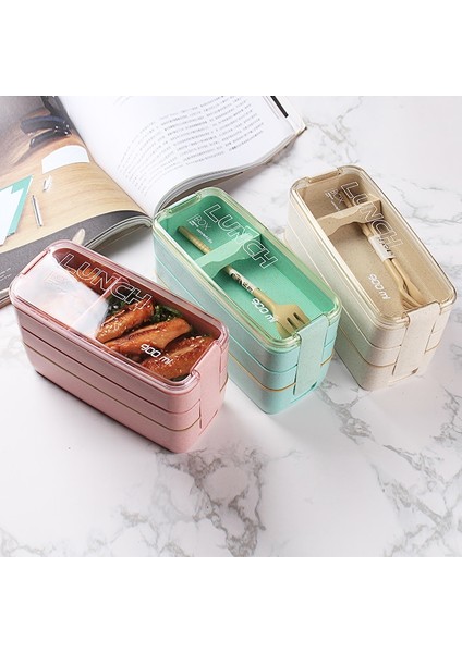Bej Çantalı Set 900 ml Sağlıklı Malzeme Öğle Yemeği Kutusu 3 Katmanlı Buğday Samanı Bento Kutuları Mikrodalga Yemek Takımı Gıda Saklama Kabı Öğle Yemeği Kutusu (Yurt Dışından)
