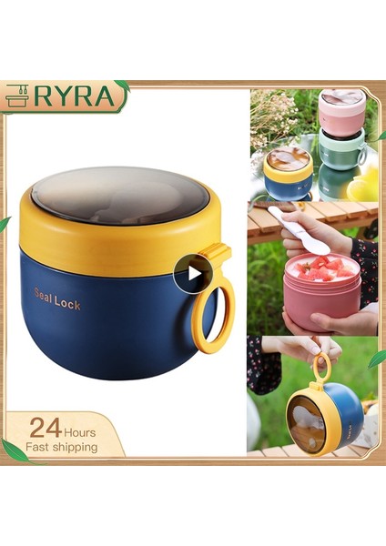 Mavi 600 ml Taşınabilir Paslanmaz Çelik Çorba Bardağı Öğle Yemeği Kutusu Gıda Kapları Sevimli Şekil Vakum Şişeler Termos Bardak Mikrodalga Isıtma Kaşıkla (Yurt Dışından)